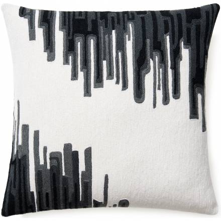 Judy Ross Textiles Hand-Embroidered Chain Stitch IKAT Throw Pillow cream/dark grey/charcoal/black